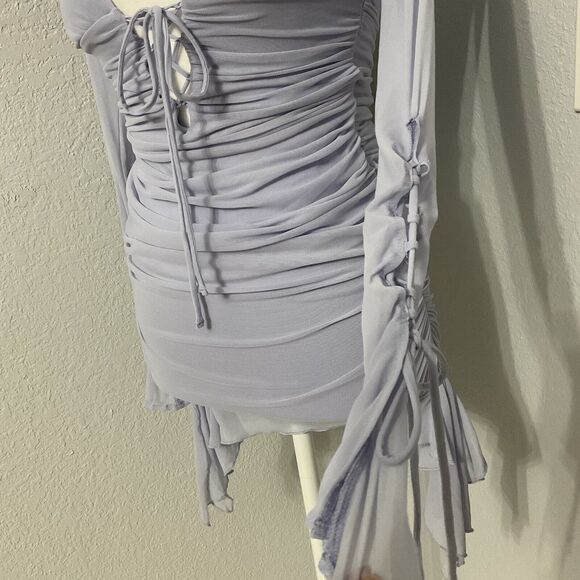 Y2K Style Whimsigoth Fairy Long Sleeve Ruched Mini Dress Purple Oh Polly Size 2 - Picture 3 of 8